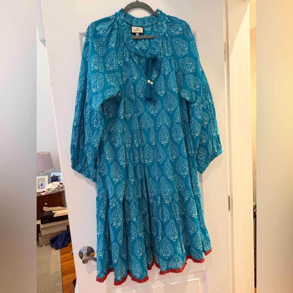 Tuckernuck Tropical Teal Lantern Block Print Tie Neck Dress - Picture 5 of 7